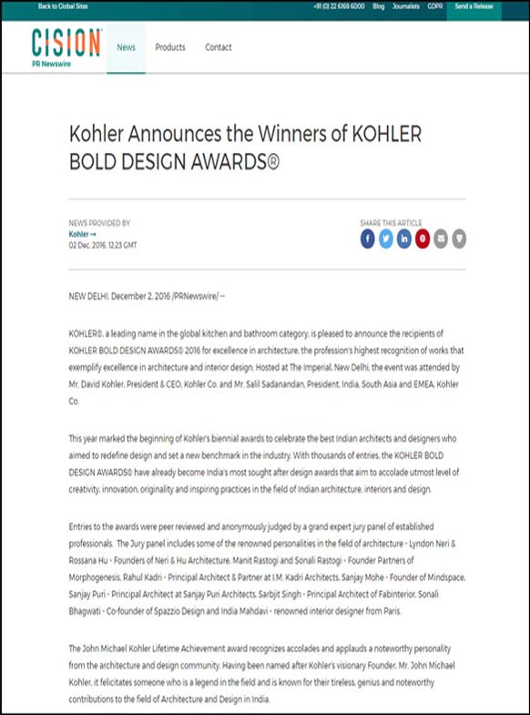Kohler Announces the Winners of Kohler Bold Design Awards